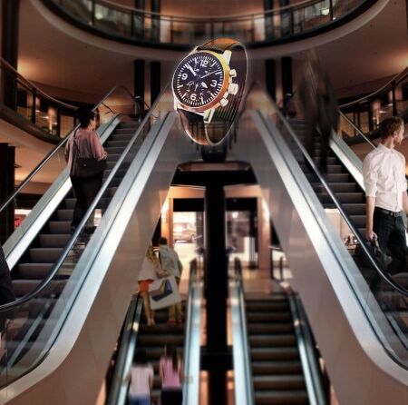 3D-holografische Anzeige einer Uhr in einem Einkaufszentrum