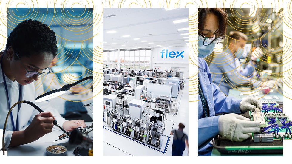 Collage von Fabrikfachleuten, die in der Fabrikhalle von Flex arbeiten