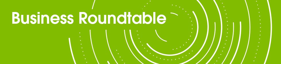 green banner with swirls and the words Business Roundtable