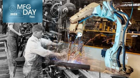 2023 年“制造日”员工在仓库焊接的图片