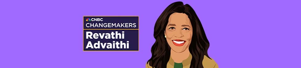 purple background with CNBC Changemakers Revathi Advathi and cartoon image of her